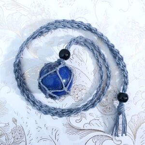 Blue Lapis Lazuli Gray Sphere Crystal Macrame Pendant Fairy Necklace